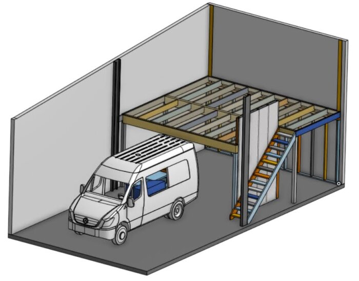 3D-ritning av lokal med entresolplan, trappa, golvbjälklag och en skåpbil parkerad under. Anpassning för bjälklagets dimensionering visas.