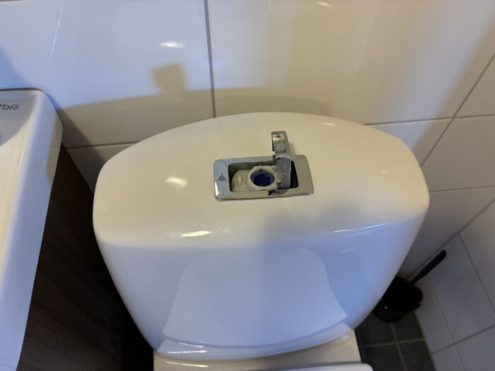 Toalettens spolknapp på cisternlocket borttagen, visar mekanismen inuti.