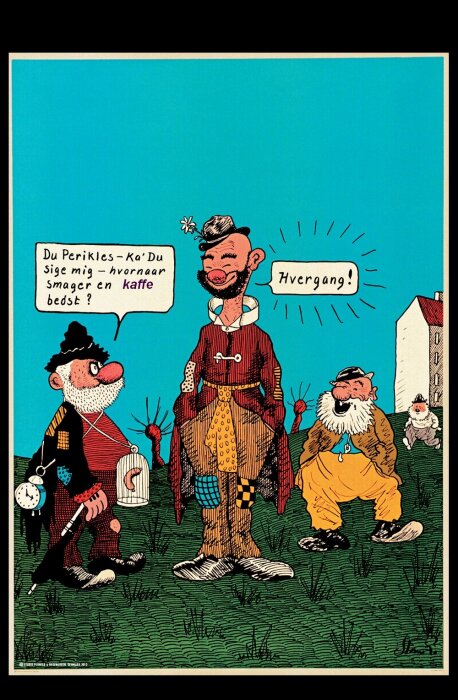 En tecknad scen med tre karaktärer: en man frågar en annan när kaffe smakar bäst, svaret är "hvergang" i en pratbubbla.