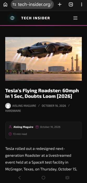 En svävande Tesla Roadster med jetstrålar vid en SpaceX-anläggning, bevittnad av människor på marken.