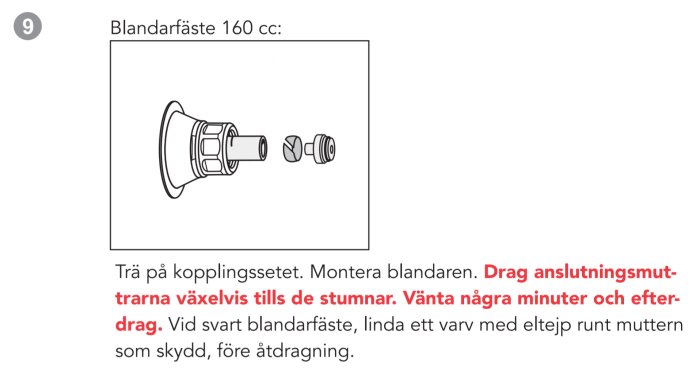 Ritning av montering av blandarfäste 160cc med instruktioner för att dra åt anslutningsmuttrar och applicera eltejp runt muttern för skydd före åtdragning.