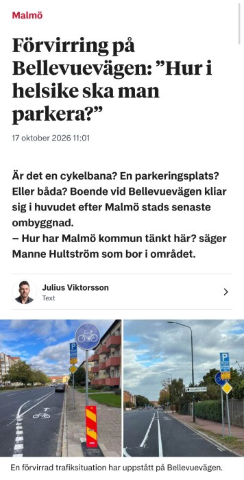 Vägskyltar och cykelbana skapar förvirring på Bellevuesvägen, Malmö; cykel- och parkeringsmarkeringar synliga.