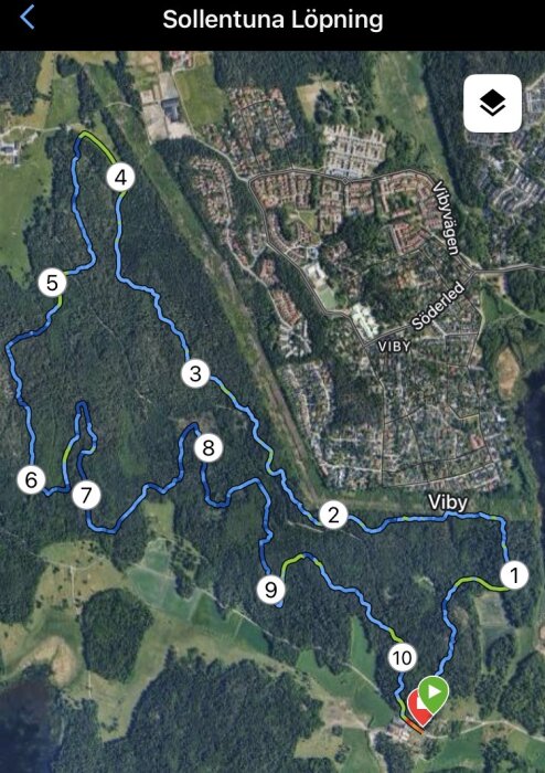 Satellitkarta över ett löpspår i Sollentuna, med numrerade markeringar och en rutt som sträcker sig genom skog och bebyggelse nära Viby.