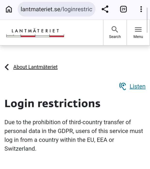 Bilden visar en text från Lantmäteriets webbplats om inloggningsbegränsningar relaterade till GDPR och krav på inloggning inom EU, EEA eller Schweiz.
