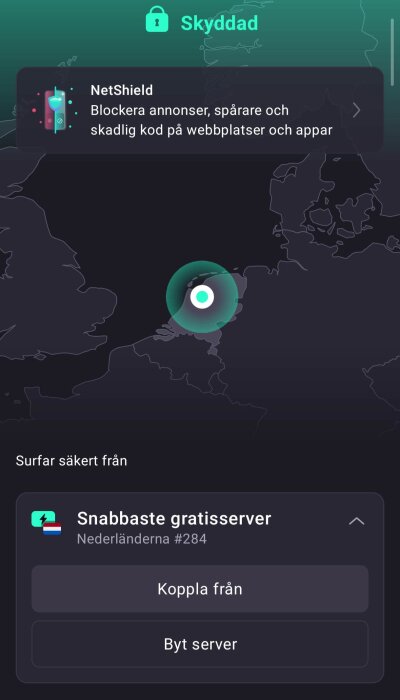 VPN-app som är ansluten till en gratisserver i Nederländerna, med säker surfning aktiverad och NetShield för att blockera annonser och skadlig kod.