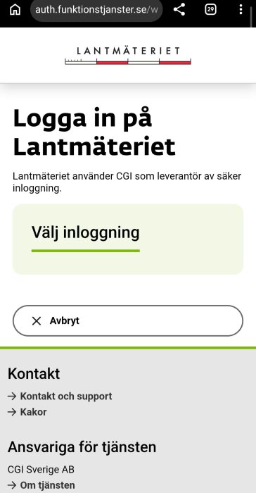 Inloggningssida för Lantmäteriet med knappen "Välj inloggning" och alternativ för kontakt och ansvariga för tjänsten.
