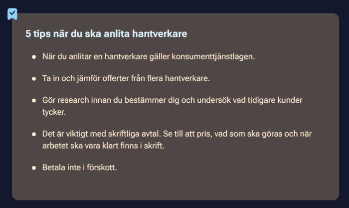 5 tips när du ska anlita hantverkare, inklusive att jämföra offerter, göra research, skriva avtal, och undvika förskottsbetalning.