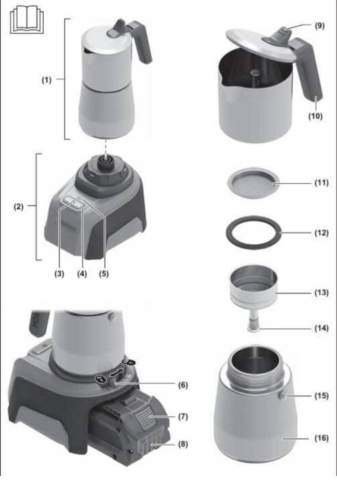 Illustration av delar för GEM18V-4, en 18V kaffebryggare, med detaljerade komponenter som basenhet, kanna och filter.