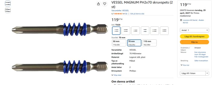Produktbild av två skruvspetsar VESSEL MAGNUM PH2x70 med blå detaljer visade på en onlinebutikssida med pris och specifikationer.