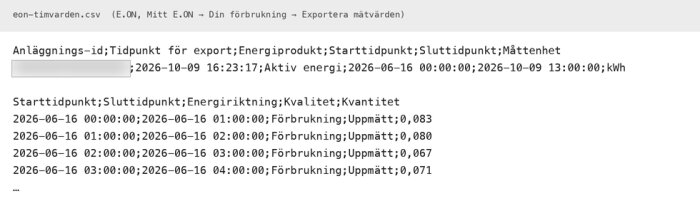 CSV-fil från E.ON med kolumner för anläggnings-id, energiprodukt, start- och sluttidpunkt, m.m., med energikvantitet för olika tidsintervall.