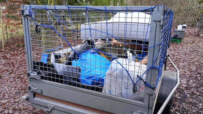 En släpvagn full med diverse saker, täckt med blått nät, står på en grusplan omgiven av träd och löv.