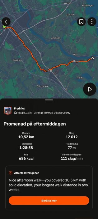Karta över en promenadrutt i Dalarna, 10,52 km lång och tog 1 timme och 28 minuter med 686 kalorier brända.