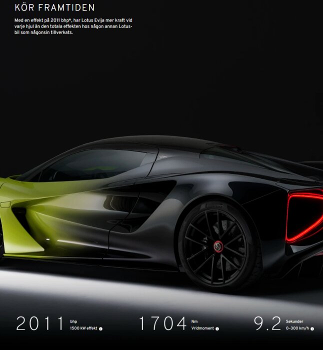Svart och grön sportbil Lotus Evija, 2011 hk, 1704 Nm vridmoment, snabb acceleration från 0-300 km/h på 9,2 sekunder, futuristisk design.
