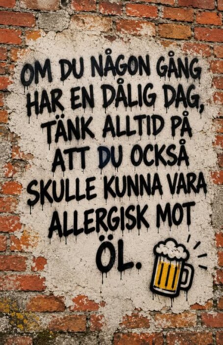 Text på vägg med humoristiskt budskap om att tänka positivt; bild av ett ölglas i hörnet.