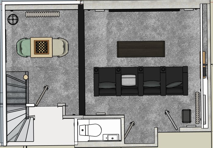 Planritning av ett rum med två sektionradiatorer, en placerad nära en trappa och den andra nära soffor; visar möjliga placeringar för värmefördelning.