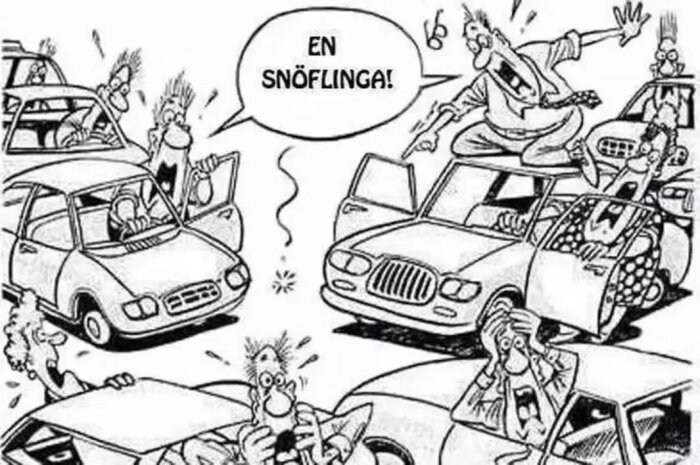 En tecknad scen med flera personer i bilar, en man på en bils tak pekar och säger "En snöflinga!" med förvånade ansiktsuttryck.