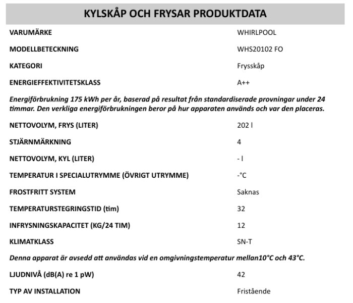 Produktdata för Whirlpool frysskåp WHS20102 FO, energiklass A++, volym 202 liter, 12 kg infrysningskapacitet, klimatklass SN-T.