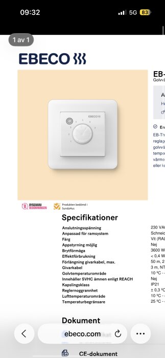 Vit termostat från Ebeco med ratt och specifikationer för golvvärmereglering, omgiven av text och logotyper mot beige bakgrund.