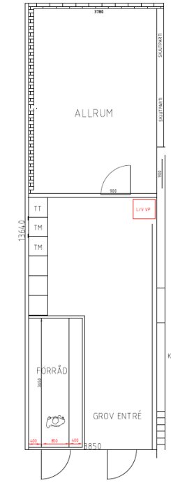 Planritning som visar en groventré med förråd och allrum. Inkluderar plats för tvättmaskin, torktumlare, och ett område för klädvård.
