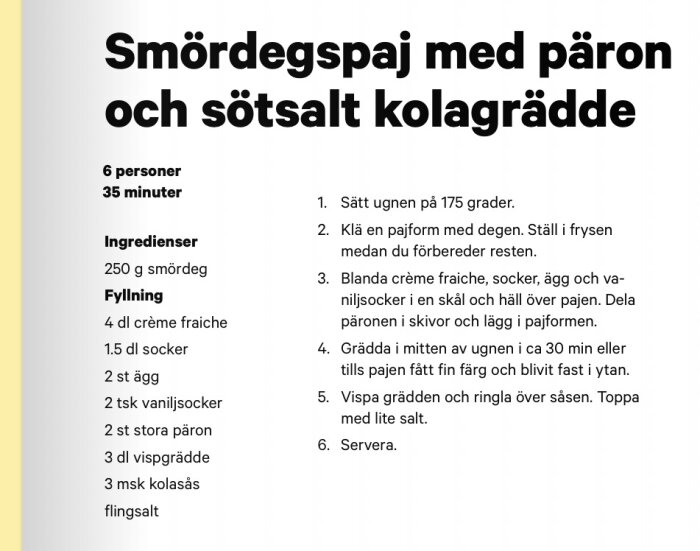 Recept för smördegspaj med päron och sötsalt kolagrädde, inkluderar ingredienser och steg-för-steg-instruktioner för bakning.