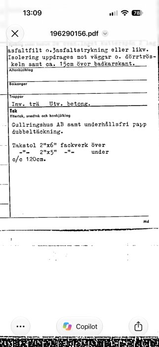 Byggdokument med instruktioner för isolering, takkonstruktion och material för balkonger och trappor, relaterat till Gullringshus AB.