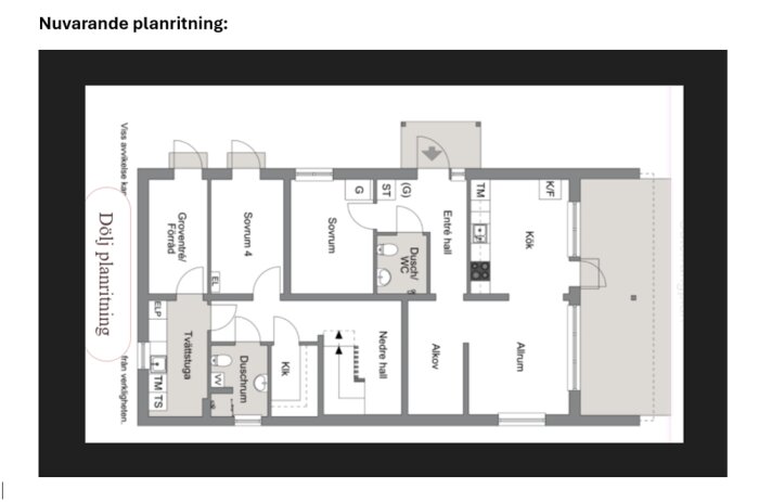 Planritning av befintlig suterrängvåning med sovrum, kök, allrum, tvättstuga, dusch/WC och förvaringsutrymmen.