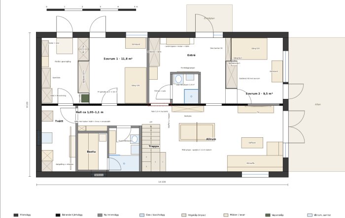 Planlösning för suterrängvåning: 2 sovrum, bastu, större badrum, mindre badrum, hall, tvättstuga och allrum, med detaljerad möblering.