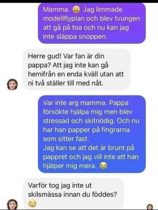 En humoristisk sms-konversation där ett barn har fastnat med lim på toaletten och föräldrarna diskuterar situationen.