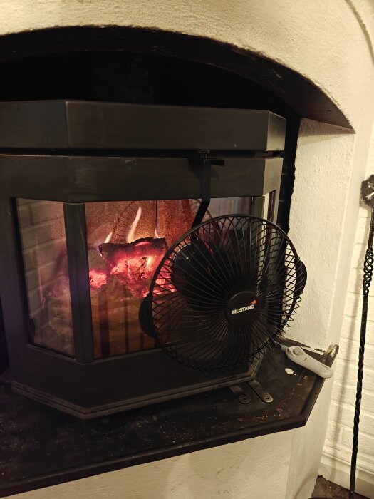 Kamin med brinnande ved och en fläkt märkt "Mustang" placerad framåt.