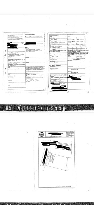 Svartvita dokument och ritningar av ett Gullringshus med överstruket namn; tekniska specifikationer och en ritning med mått visas.