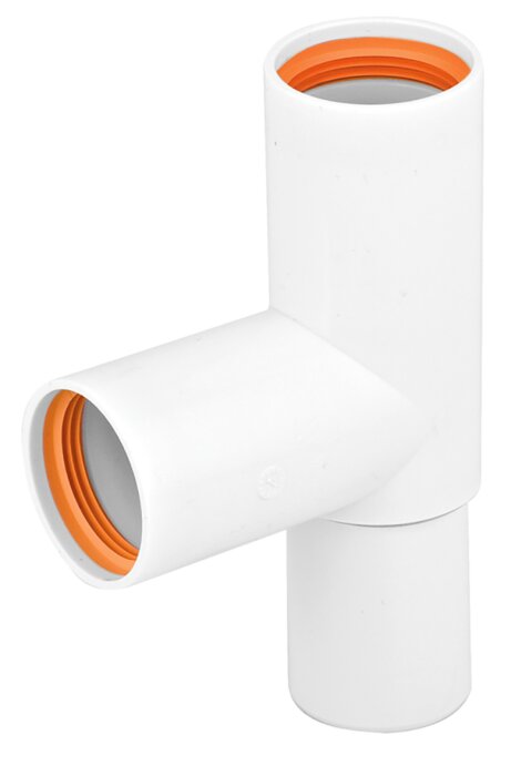 Vit plast-T-koppling med orange inre tätningsringar, används för VVS-installationer.