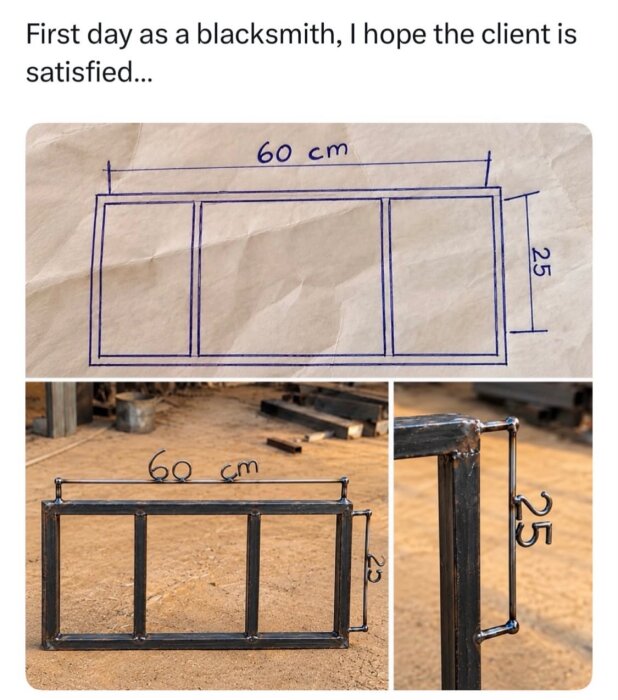 Schematisk ritning och foto av en rektangulär metalldel, mått 60x25 cm, med svetsade hörn och förstärkningar, i vad som kan vara en smeds verkstad.