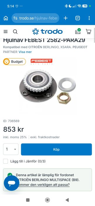 Hjulnav FEBEST 2582-PARA29 med mutter och bricka, visas på Trodo-webbplatsen, pris 853 kr, kompatibel med Citroën Berlingo, Xsara, Peugeot Partner.