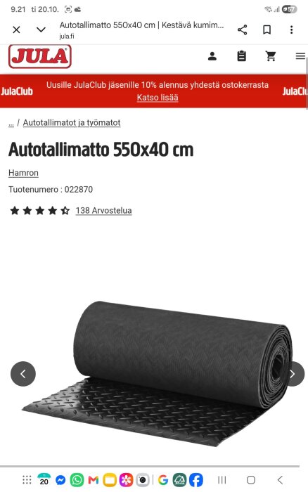 Rullad svart gummimatta för garage, storlek 550x40 cm; produkt från Jula.