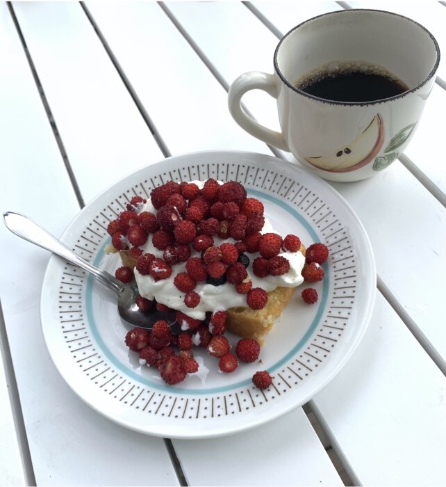 Tallrik med grädde och smultron på en sockerkaka, bredvid en kopp kaffe på ett vitt bord.