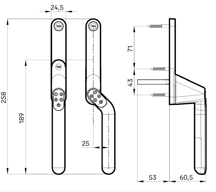 Ritning av Yale Smart Code Handle, visar mått och fästplatta som är smalare jämfört med Hoppe.