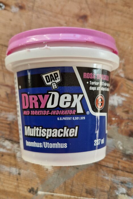 DryDex multispackelburk, 237 ml, med rosa lock för reparation av träskador både inomhus och utomhus.