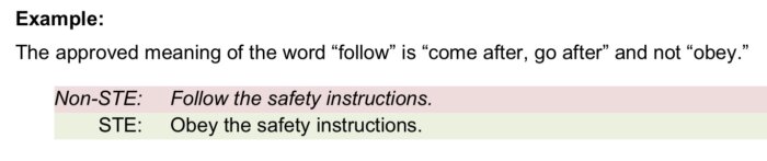 Exempel på STE: "Obey the safety instructions" och Non-STE: "Follow the safety instructions" i en tabell för språkanvändning.