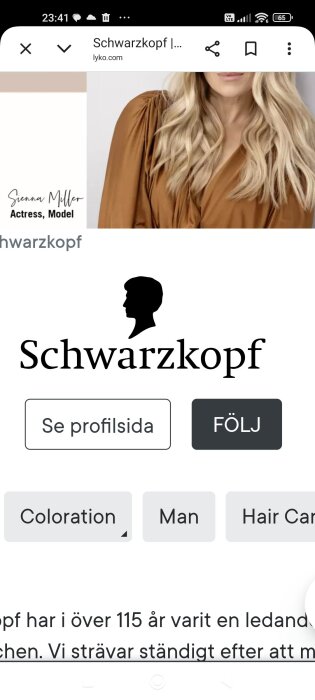 En webbsida för Schwarzkopf med en profilbild av en kvinna och olika alternativ för hårvård.