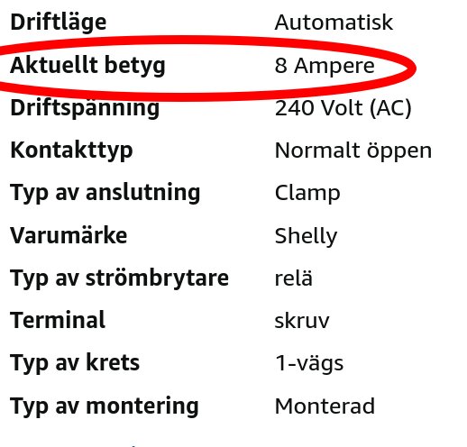 Specifikationer med driftläge, driftsuppgifter och kontaktinfo, 8 Ampere understruket med rött. Varumärke: Shelly.
