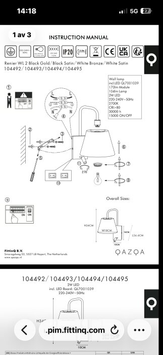 Instruktionsmanual för QAZQA Renier vägglampa, visar installationsdiagram och specifikationer som spänning, storlek och effekt.