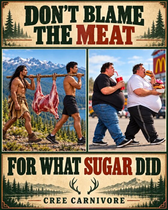 Två bilder: En med muskulösa män som bär kött, en annan med en överviktig man som äter snabbmat. Text: "Don't blame the meat for what sugar did".