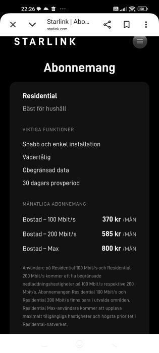 Starlink abonnemangslista för hushåll med priser och hastigheter. 100 Mbit/s för 370 kr/månad, 200 Mbit/s för 585 kr/månad, Max för 800 kr/månad.