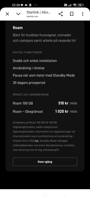 Starlink-planer för Roam: 100 GB för 510 kr/mån, obegränsat för 1020 kr/mån. Funktioner inkluderar snabb installation och Standby Mode.