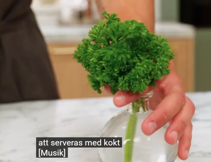 En hand som håller en vas med persilja på ett köksbord.