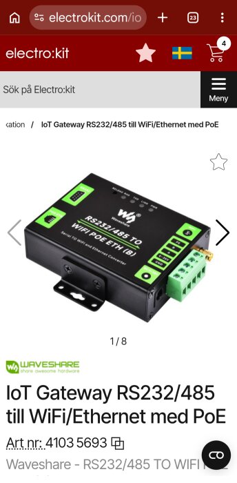 Bild av Waveshare IoT Gateway RS232/485 till WiFi/Ethernet med PoE, omvandlar seriella anslutningar till trådlös och ethernet-anslutning.