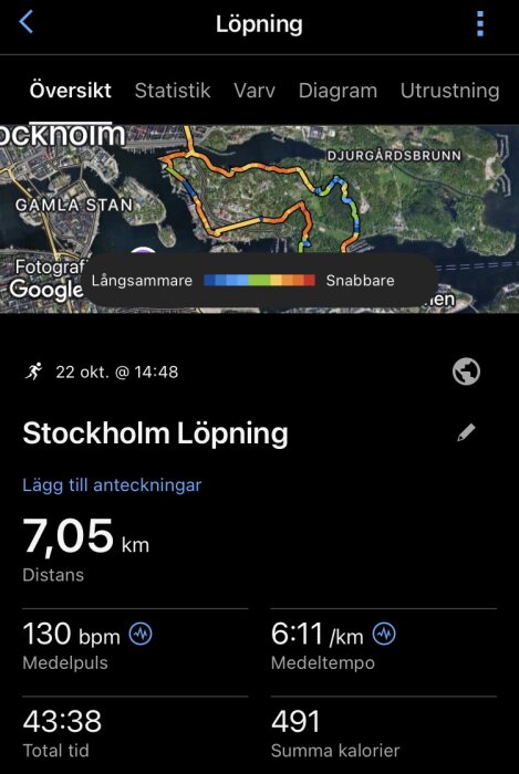 Karta över en löprunda i Stockholm med mätningar: 7,05 km distans, 130 bpm puls, 6:11/km tempo, 43:38 total tid, 491 kalorier.