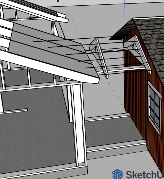 3D-skiss av ett tillbyggnadsprojekt med en träkonstruktion som länkar ihop en stuga med en ny husdel. Fokuserar på takets utformning.