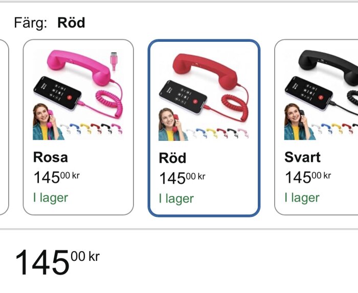 Prislista för hörlurar i färgerna rosa, röd och svart, 145 kr styck, med bild av telefon och glad person.