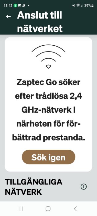 Dialogruta i Zaptec Go-appen som söker trådlöst 2,4 GHz-nätverk, med en "Sök igen"-knapp för bättre prestanda.